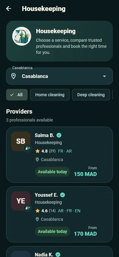 List of housekeeping providers with rating, spoken languages and starting price.
