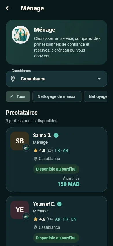 Liste des prestataires de ménage, avec note, langues parlées et prix de départ.