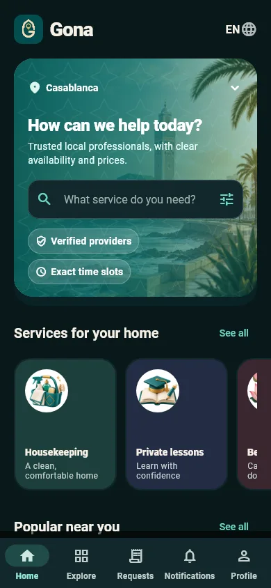 Gona home screen: search, service categories and popular providers.