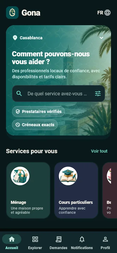 Écran d’accueil de Gona : recherche, catégories de services et prestataires populaires.