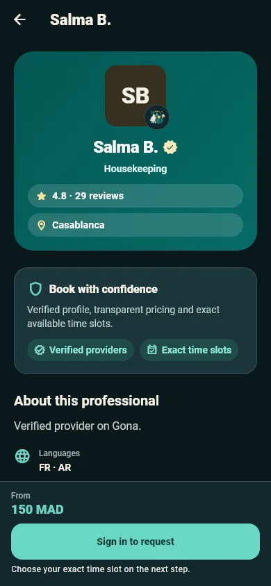 Profile of a verified provider with reviews, service area and starting price.