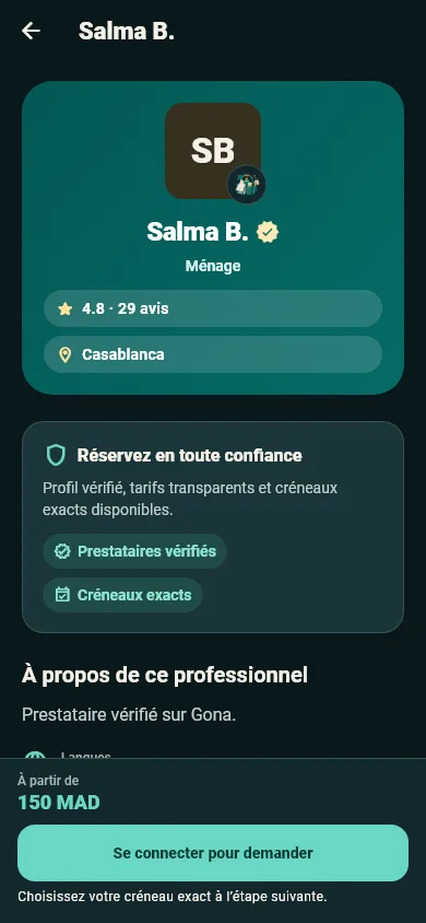 Profil d’une prestataire vérifiée, avec avis, zone desservie et prix de départ.